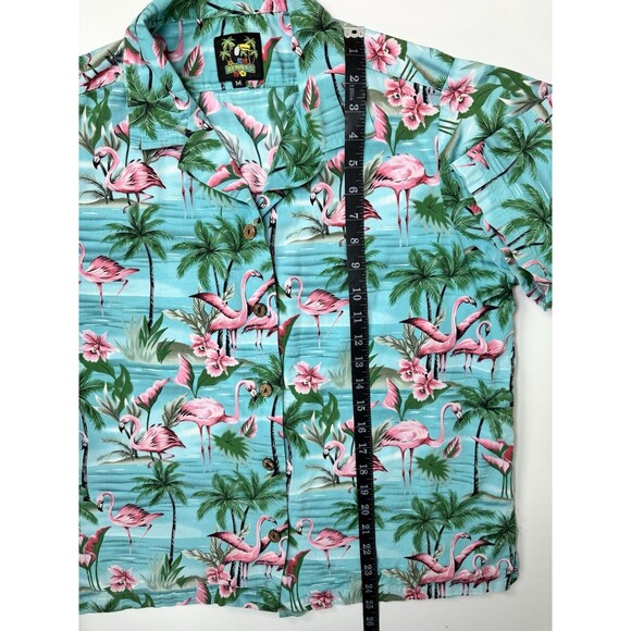 Benny's Hawaiian Shirt Men's Medium Blue Pink Flamingo Palm Tree Tropical Aloha - Picture 7 of 7